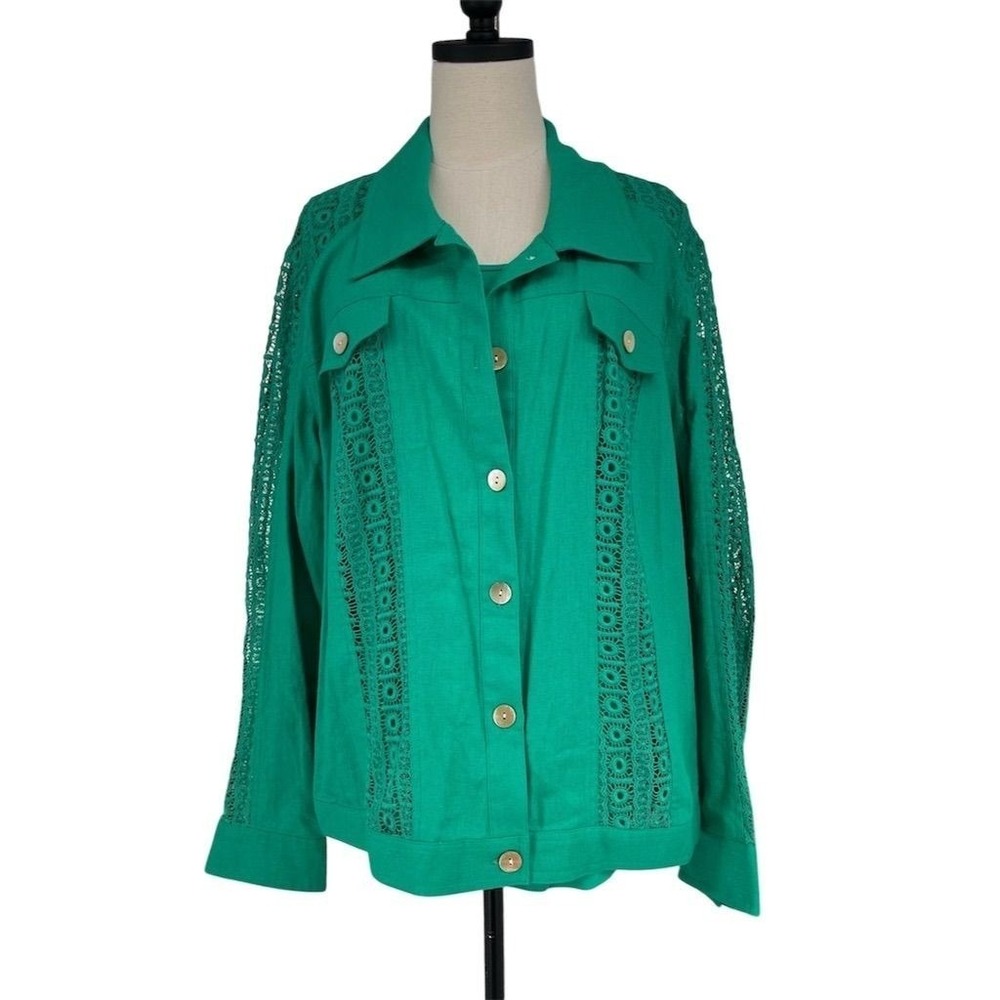 NWT Multiples 2X Green Linen Blend Jacket & Tank Set Lace Crochet Plus‎